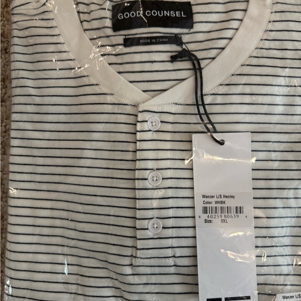 NWT Men's Good Counsel Striped Henley Shirt long sleeve Black and White size 8X